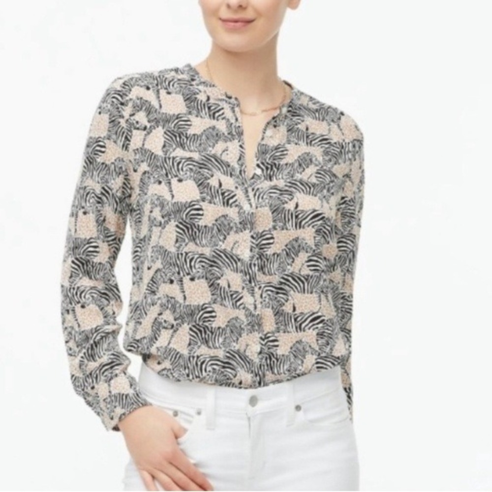 J Crew Womens Long Sleeve Button Down Top Zebra Leopard Print Sz M Oversized